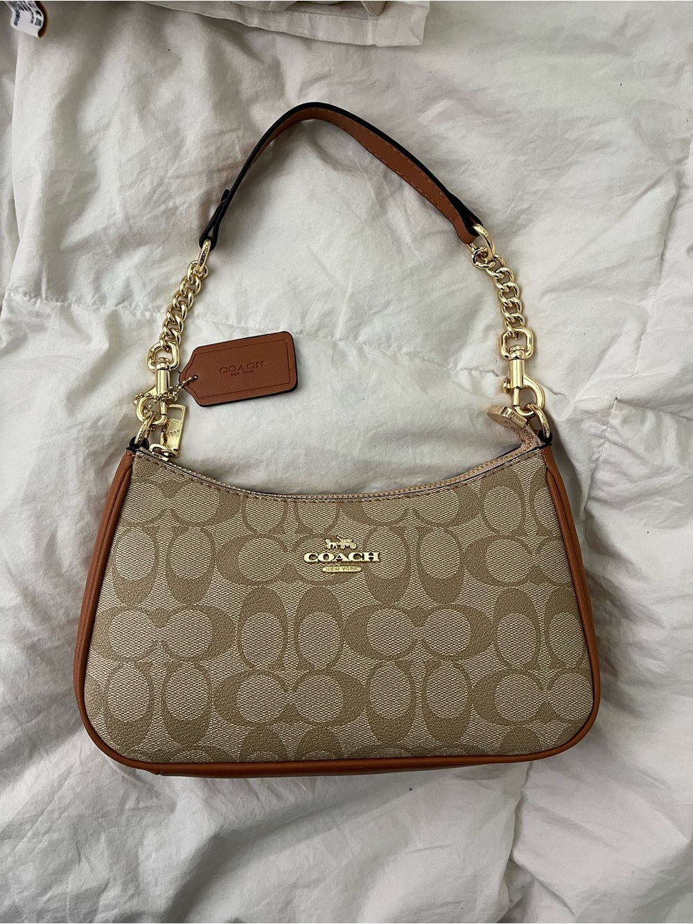 COACH Signature Canvas Shoulder Bag in Beige and Brown with Gold Hardware